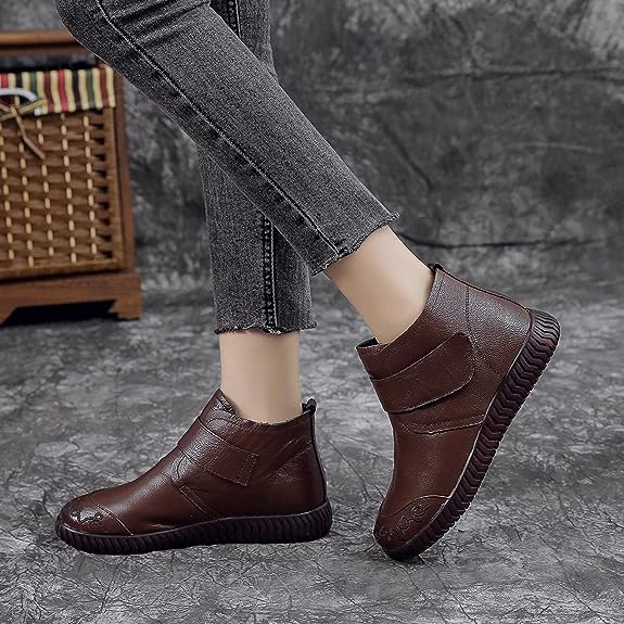 Bottines cuir en fourrure chaudes pour femmes couleur Marron